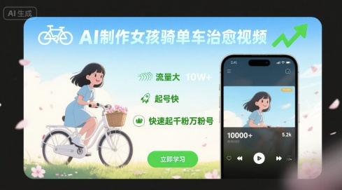AI制作女孩骑单车治愈视频，流量大，起号快，快速起千粉万粉号-万盟网