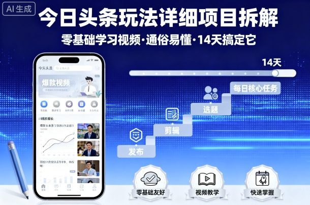 今日头条玩法详细项目拆解，零基础学习视频 通俗易懂 14天搞定它-万盟网